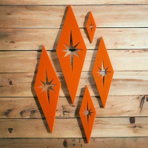 Retro Styled Diamond Starburst Wall Decor Mid Century Modern Hanger Orange